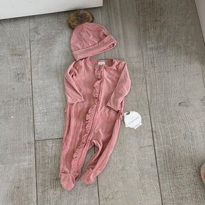 Ribbed Pink Ruffle Footie with Pom Beanie